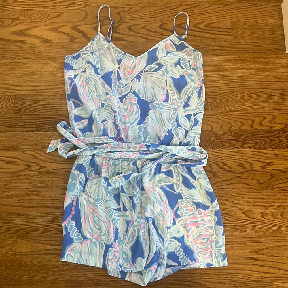 Lilly Pulitzer Blue Multicolor Shell-Print Spaghetti-Strap Romper